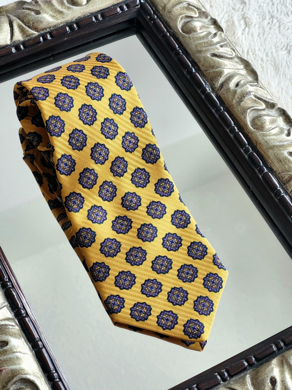 Vintage Givenchy Yellow Silk Tie with Blue Medallions